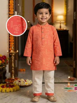Desi Soota - Cotton Full Sleeves Coral Geometric Shapes Printed Kurta with Pyjama