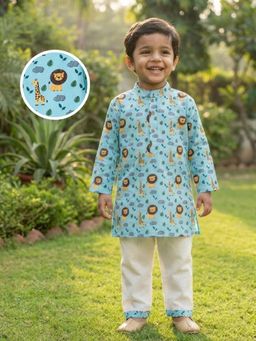 Desi Soota - Cotton Full Sleeves Blue Lion Giraffe Printed Kurta with Pyjama