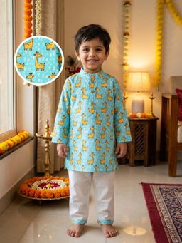 Desi Soota - Cotton Full Sleeves Aqua Lama Printed Kurta with Pyjama