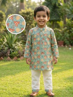 Desi Soota - Cotton Full Sleeves Green Monkey Printed Kurta with Pyjama