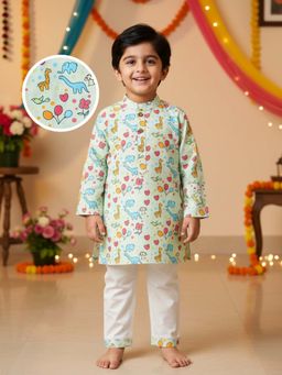 Desi Soota - Cotton Full Sleeves Sea Green Animal World Printed Kurta with Pyjama