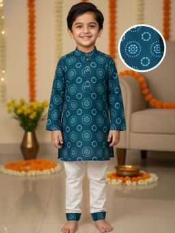 Desi Soota - Cotton Full Sleeves Navy Blue Mandala Circles Printed Kurta with Pyjama