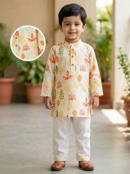 Desi Soota - Cotton Full Sleeves Yellow Fern Leaves Printed Kurta with Pyjama