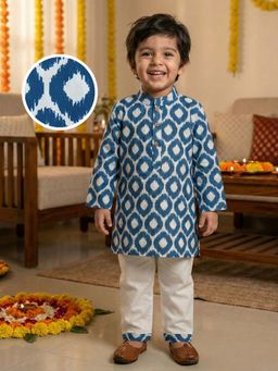 Desi Soota - Cotton Full Sleeves Blue Ikat Printed Kurta with Pyjama