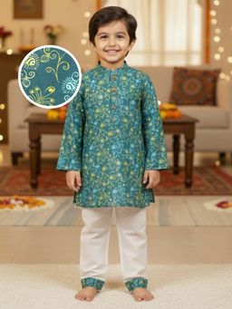 Desi Soota - Cotton Full Sleeves Teal Floral Vine Printed Kurta with Pyjama