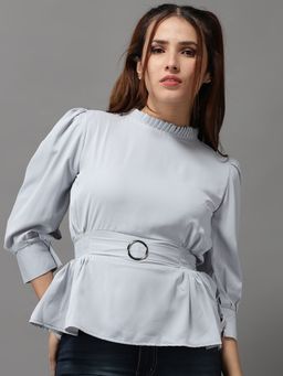 SHOWOFFFF - Womens Solid High Neck Grey Peplum Regular Top