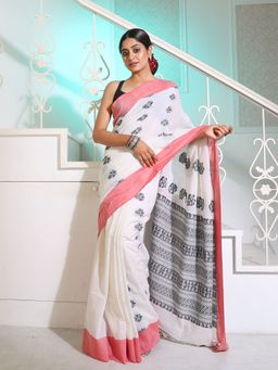 CHARUKRITI - White Cotton Handspun Soft Saree with Paisley Pallu with Unstitched Blouse