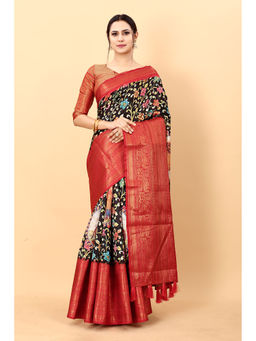 Yavira Silk - Black & Red Floral Print Kalamkari Pure Silk Saree with Unstitched Blouse