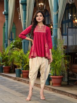 Juniper - Red Ethnic Motif Printed Cotton Top and Dhoti Pants Set with Zari Work (Set of 2)