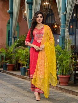 Juniper - Red Ethnic Motif Printed Muslin Thread Work Kurta with Pant & Dupatta (Set of 3)