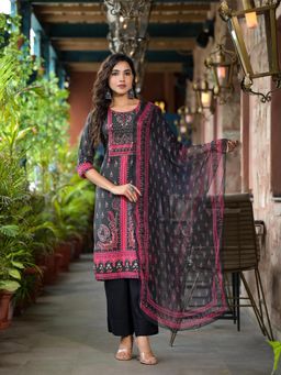 Juniper - Black Ethnic Motif Printed Liva Rayon Tassel Kurta with Pant & Dupatta (Set of 3)