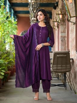 Juniper - Plum Thread Embroidered Liva Rayon Kurta with Pant & Dupatta (Set of 3)