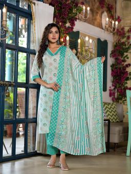Juniper - Green Floral Printed Cotton Kurta with Pant & Dupatta (Set of 3)