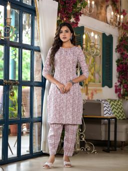 Juniper - Mauve Floral Printed Cotton Lace Work Kurta with Pant (Set of 2)