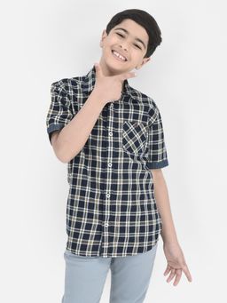 CRIMSOUNE CLUB - Boys Navy Blue Tartan Check Pure Cotton Shirt