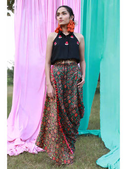 Aapro Label - Draped Skirt with Balloon Knot Shirt-Black (Set of 2)