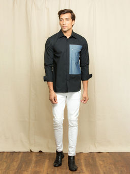 Echke - Black Shirt with Rectangular Denim Patch with Denim Pocket