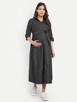 Mamma's Maternity - Black Solid Denim Maternity Dress with Belt (Set of 2)