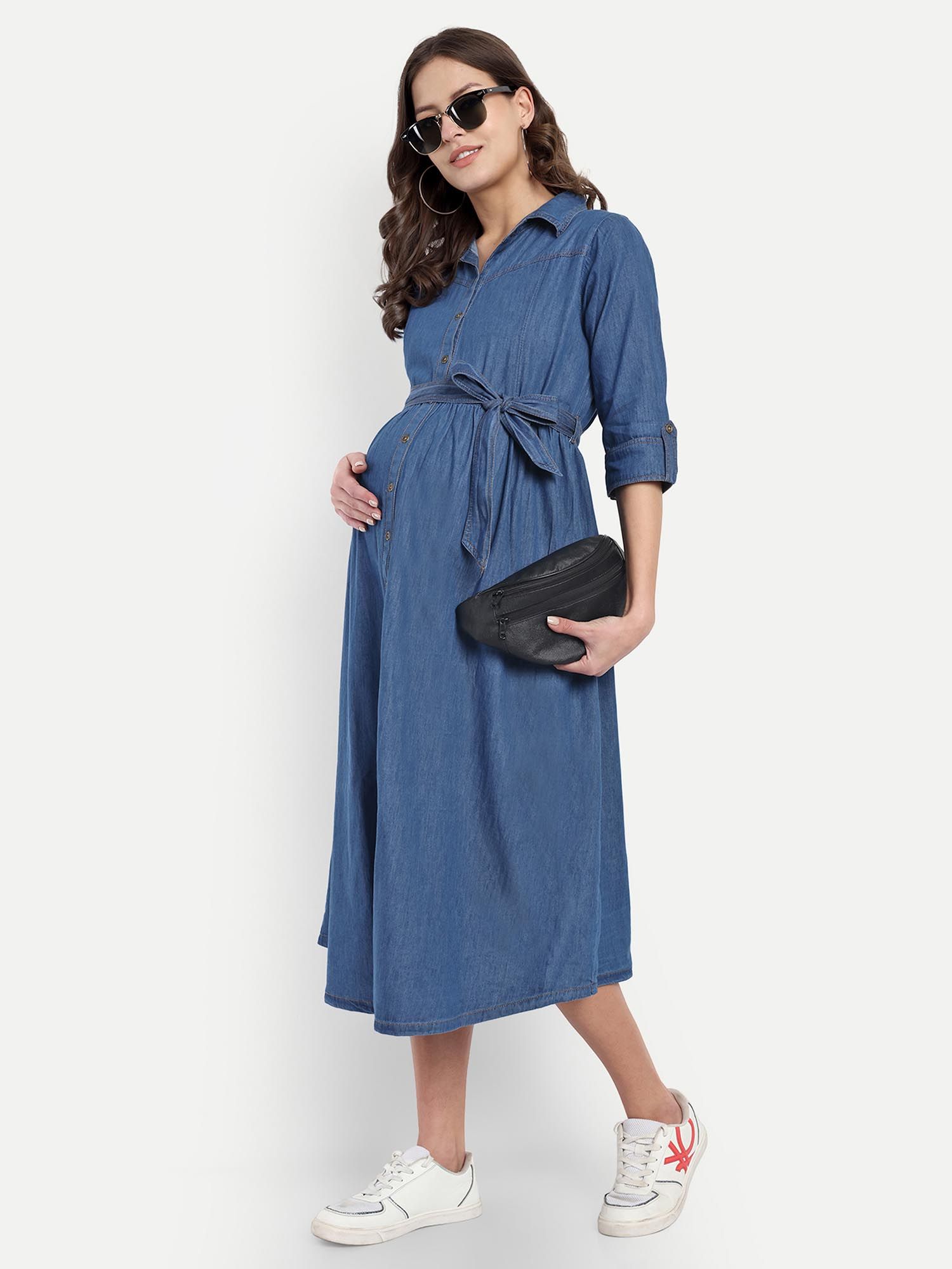 mamma's maternity Light Blue Solid Denim Maternity Dress with Belt (Set of 2)-picture-12