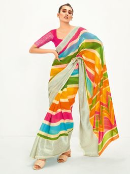 Sareemall - Womens Cotton Blend Multicolored Stripes Designer Saree with Unstitched Blouse