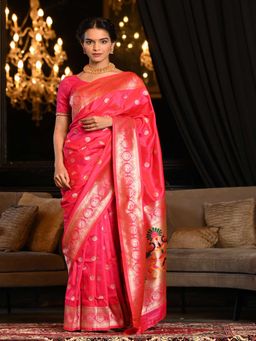 Beatitude - Pink Woven Paithani Saree with Unstitched Blouse