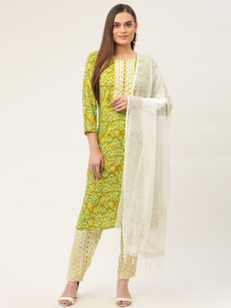 Jompers - Women Green Yellow Printed Kurta with Pants and Dupatta (Set of 3)