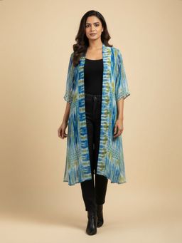 Qurvii - Blue Printed Chiffon Long Shrug