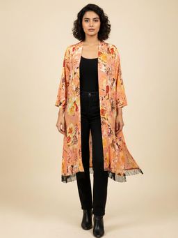 Qurvii - Peach Floral Crepe Long Shrug
