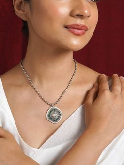 Teejh - Ahilyabai Silver Oxidised Green Pendant Chain Necklace