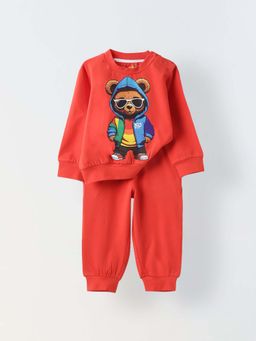 Spunkies - Unisex Red Printed Round Neck Knit Sweatshirt with Joggers