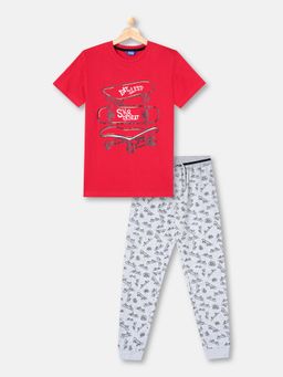R&B - Boys Red Printed Print Relaxed Sleepwear T-Shirt and Joggers