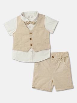 R&B - Boys Beige Solid Regular Shirt with Short and Waist Coat, Bow Tie