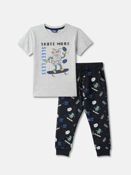 R&B - Boys Grey Printed Print Regular Sleepwear T-Shirt and Joggers