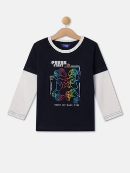 R&B - Boys Navy Blue Printed Regular T-shirt