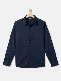 R&B - Boys Navy Blue Self-design (Dobby) Regular Shirt