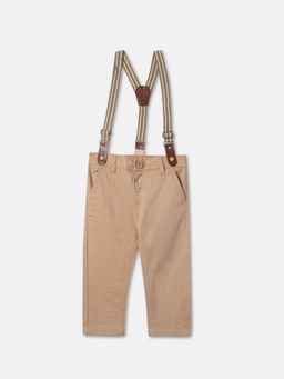 R&B - Boys Beige Solid Relaxed Pants with Detachable Suspenders