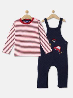 R&B - Boys Navy Blue Stripes Regular T-shirt and Dungaree