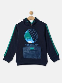 R&B - Boys Navy Blue Printed Regular Hoodie