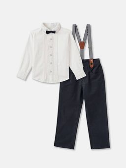 R&B - Boys White Solid Regular Shirt with Trousers and Bow Tie