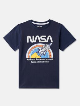 R&B - Boys Navy Blue Printed Regular T-shirt