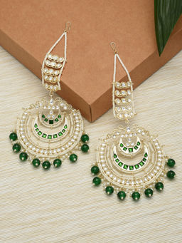 Zaveri Pearls - Green Beads Traditional Kundan Chandbali Earring With Ear Chain-ZPFK12201