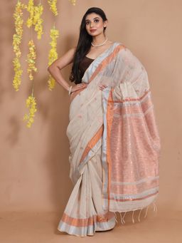 CHARUKRITI - Beige Cotton Handspun Ethnic Motifs & Woven Pallu Saree with Unstitched Blouse