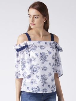 KASSUALLY - White Printed Strap Frilly Top