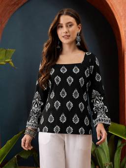 Stylum - Women'S Black Block Printed Rayon Straight Top