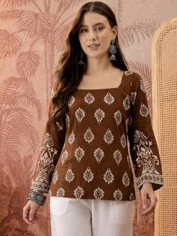 Stylum - Women'S Brown Block Printed Rayon Straight Top