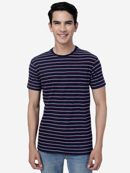 JadeBlue - Mens Blue & Maroon 100% Cotton Slim Fit Striped T-Shirt