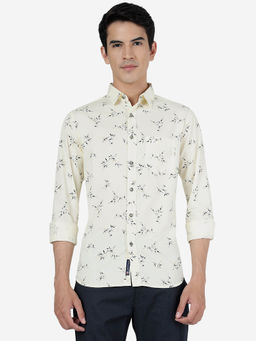 Greenfibre - Mens Off White 100% Cotton Slim Fit Printed Casual Shirt