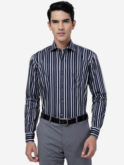 Metal - Mens Blue & Grey 100% Cotton Slim Fit Striped Formal Shirt