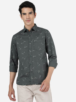 Greenfibre - Mens Slim Fit Printed Casual Shirt - Duffel Green 100% Cotton