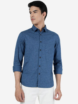 Greenfibre - Mens Deep Water Blue 100% Cotton Slim Fit Printed Casual Shirt